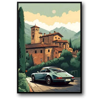 Porsche 911 Poster | Heitere Dämmerung im alten Kloster | Friedlicher Zufluchtsort | Automobilkunst | Historische Erkundungen