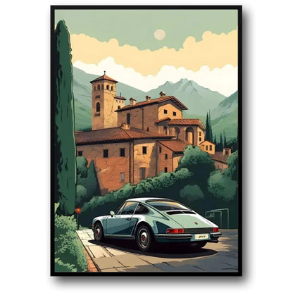 Porsche 911 Poster | Heitere Dämmerung im alten Kloster | Friedlicher Zufluchtsort | Automobilkunst | Historische Erkundungen