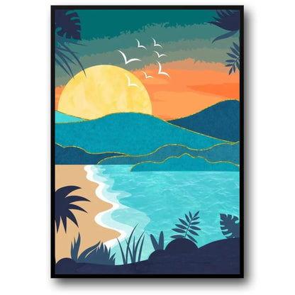 Abstrakte Strandszene bei Sonnenuntergang | Meerblick | Ruhige Küstenkunst Poster