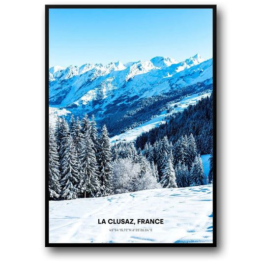 Sunlit Snowy Peaks Poster | La Clusaz | France | Winter Wonderland Artwork | Scenic Mountain View | Home Decor
