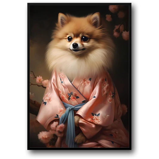 Cherry Blossom Serenity Poster | Pomeranian Dog in Soft Pink | Spring Floral Art Wall Decor