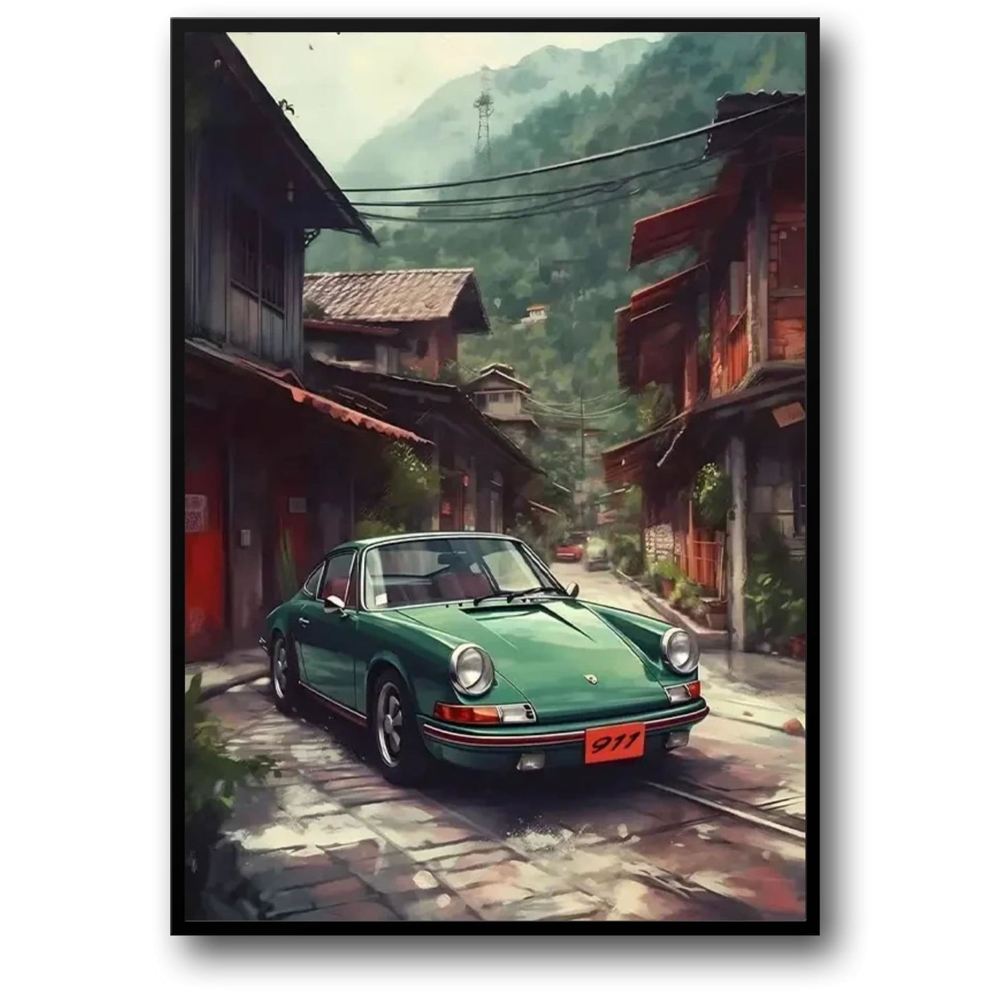Porsche 911 Poster | Altstadtstraße in den Bergen Kunst | Historischer Erkundungsdruck | Nostalgische Routen Kunstwerk