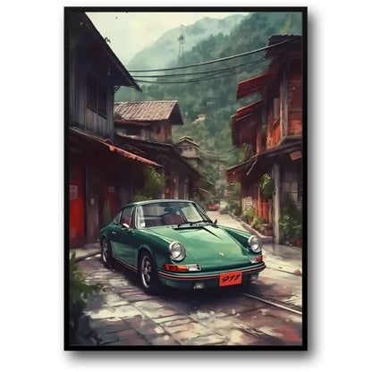 Porsche 911 Poster | Altstadtstraße in den Bergen Kunst | Historischer Erkundungsdruck | Nostalgische Routen Kunstwerk
