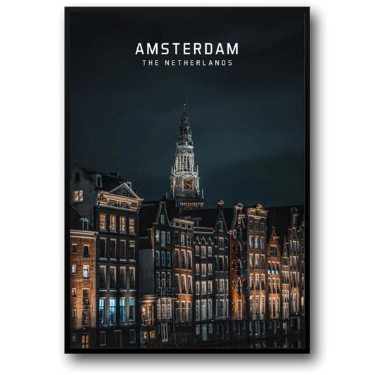 Amsterdam Canal Homes at Night Poster | Scenic European Cityscape Art | The Netherlands Wall Decor | Nighttime Urban Photography