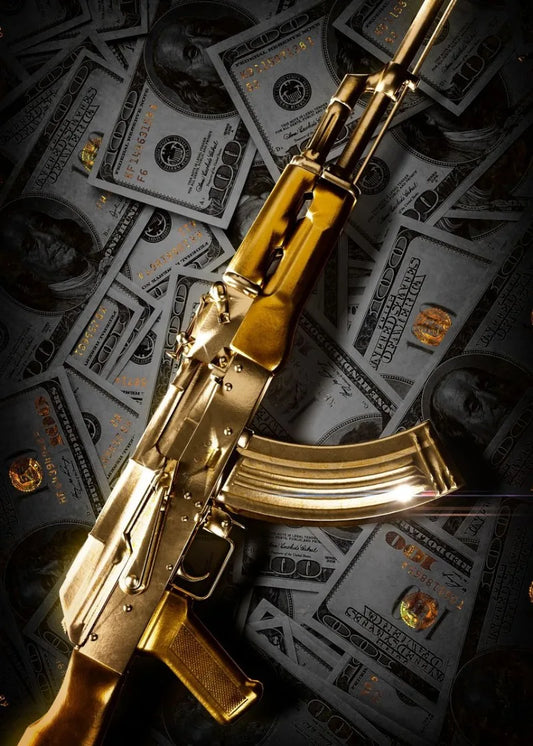 Golden AK-47 Money Poster – Luxury and Wealth Wall Art Decor | Home Decor | Decoration Poster