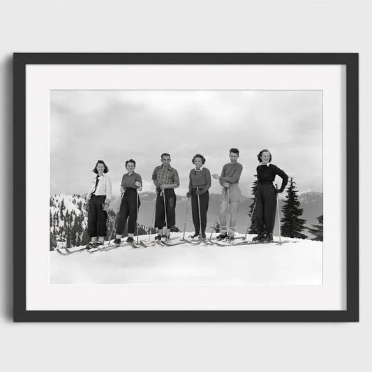 Skiers Posing on Snowy Mountain | Team Spirit on the Slopes: Group Ski Outing | Collectible Ski Posters