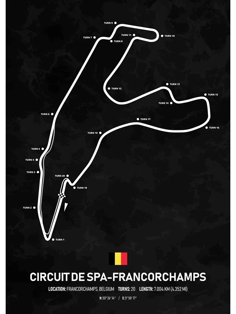 Formel-1-Poster Circuit de Spa-Francorchamps | Belgien | Francorchamps | Legendäre Grand-Prix-Strecke von Belgien | Poster mit legendären Formel-1-Rennstrecken