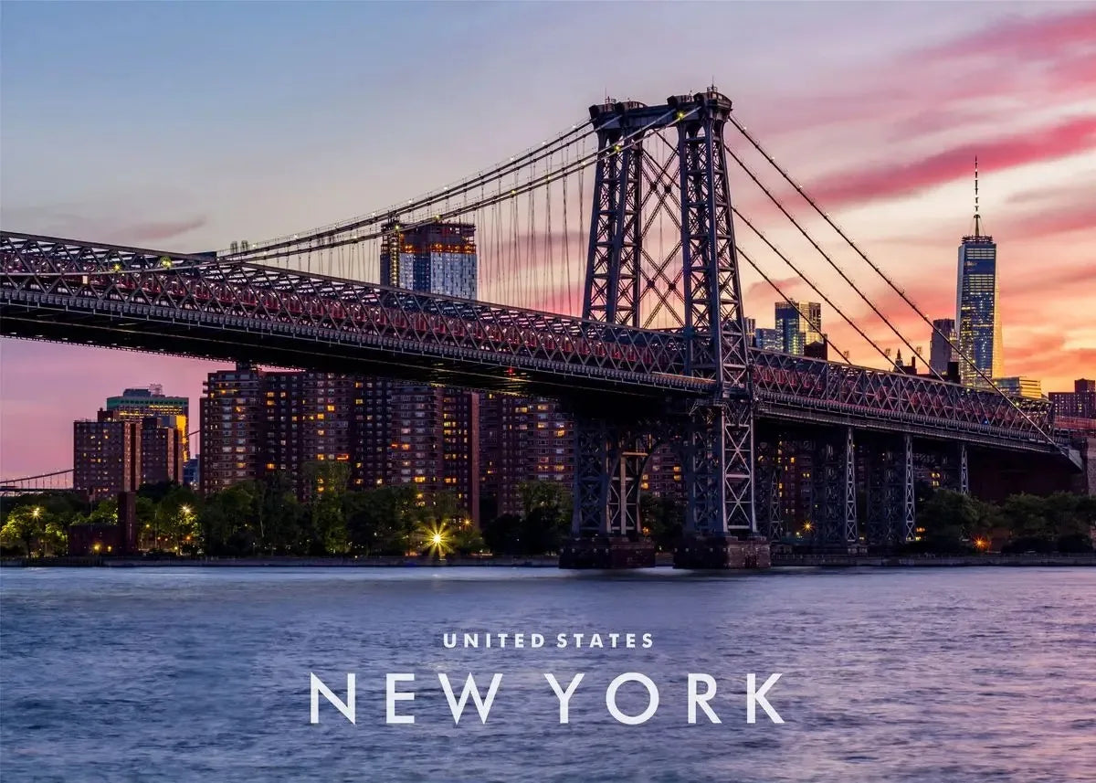 Poster „Williamsburg Bridge in der Abenddämmerung“ | Sonnenuntergang in der Stadt | Skyline von New York City | Architekturkunst | Wanddekoration für Zuhause
