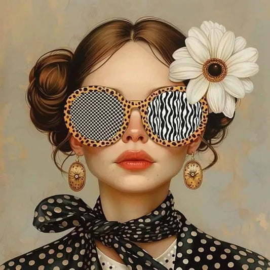 Floral Girl | Patterned Elegance Spectacles - This title captures the stylish and sophisticated nature of the sunglasses adorned with an intricate design, paired with a chic floral and polka dot attire.