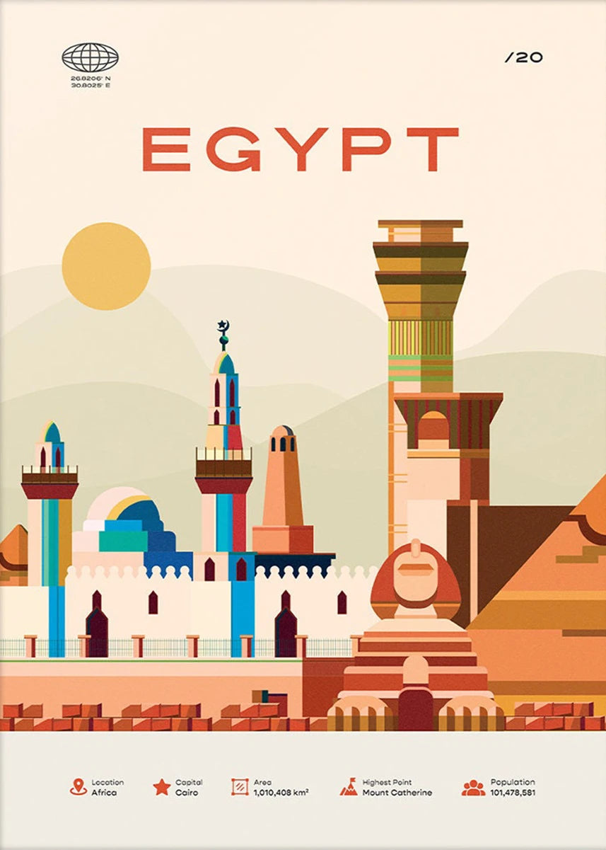 Egypt Poster | Cairo Landmarks and Pyramids Illustration | Exotic Travel Decor | Vibrant Wall Art