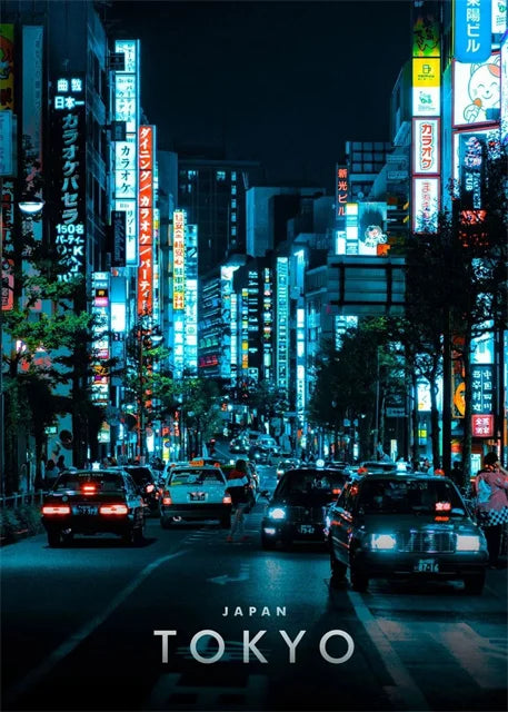 Vibrant Tokyo Street | Tokyo | Neon Glamour and Bustling Roads | Urban Landscape Photography | Japanese Architecture Posters