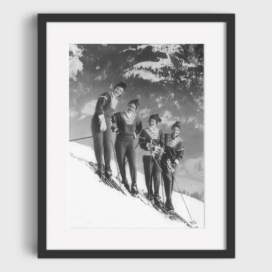 Four Friends Ready to Ski | Friendly Slopes: Group Fun at Ski Destinations | Nostalgic Ski Vacation Posters