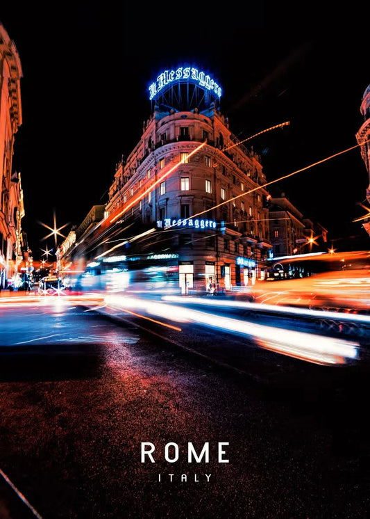 Il Messaggero Building | Rome | Italy | Night Lights and City Vibes | Modern Meets Historic | Dynamic Rome Posters