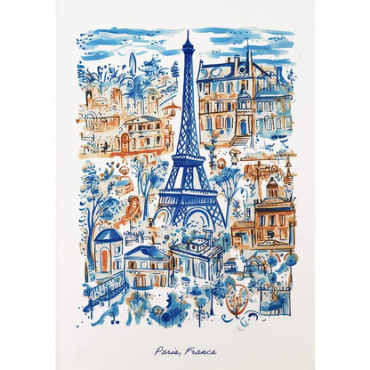 Poster Paris, Frankreich | Eiffelturm und Stadtbild | Blaues und orangefarbenes Kunstwerk | Ideal für die Galeriewand