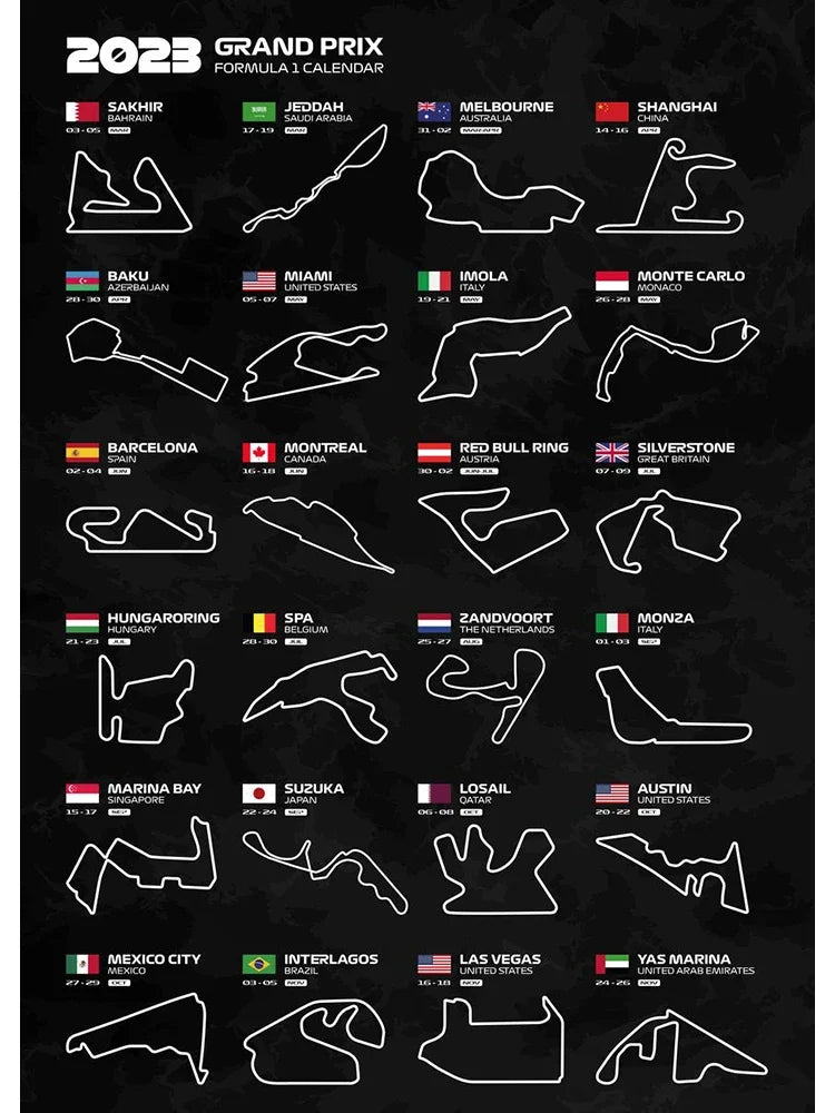 Formel-1-Rennstreckenposter 2023 | 2023 | Übersicht über die komplette F1-Streckensaison | Unverzichtbare Formel-1-Rennstreckenposter
