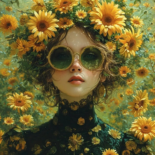 Floral Girl | Eternal Sunflower - A lush portrait enveloped in sunflowers, with the woman's eyes mirroring the vibrancy of a golden summer.