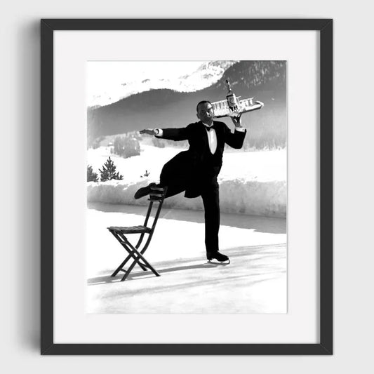 Gentleman Performing a Chair Stunt on Ice | Frosty Antics: Enjoy Quirky Winter Activities | Vintage Winter Fun Posters