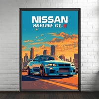 Retro-Poster, Leinwandmalerei, japanisches Auto, 1990er-Jahre, klassisches Auto, Nissan Skyline GT-R R34, Wandkunst, Bilder, Home Interior Decor