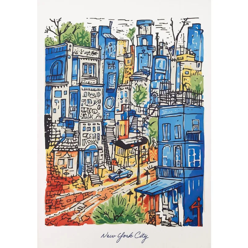 New York City Print | Urban Skyline and Streets | Blue and Orange Watercolor | Trendy Decor for Apartment