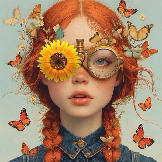 Floral Girl | Butterfly Gaze - Capturing a young girl adorned with sunflowers and butterflies, her eyes magnified by a curious steampunk lens.