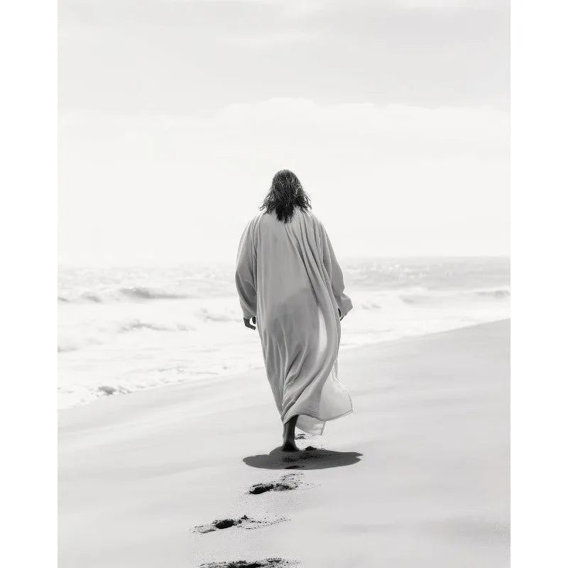 He Walks Beside Me | Isaiah 41:10 | Depicting Jesus walking along a beach, symbolizing companionship and the assurance of His presence. | Christian | Catholic | Orthodox | Jesus Christ