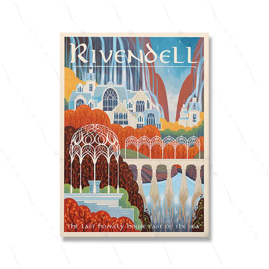 Enchanted Elven Sanctuary Poster: Rivendell, The Last Homely House East of the Sea – Vintage Style Art Print for Fantasy Lovers and Mythical Landscape Collectors