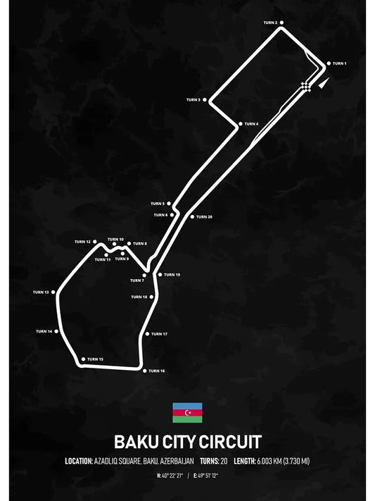 Baku City Circuit Formula 1 Poster | Azerbaijan | Baku | Thrilling Azerbaijan Grand Prix Track | Unique Street Circuit F1 Posters