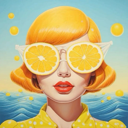 Floral Girl | Citrus Sea Vision - Illustrating a woman whose sunglasses are made of vibrant lemon slices, reflecting a sparkling ocean backdrop, evoking a fresh, zesty summer feel.