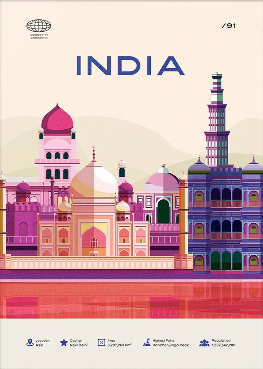 India Travel Poster | New Delhi Architectural Landmarks | Colorful Illustration | Cultural Wall Art