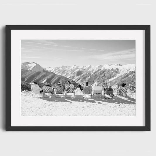 Tourists Relaxing in Lounge Chairs on Snowy Mountain | Breathtaking Mountain Views: Relaxation at Ski Resorts | Classic Ski Holiday Posters