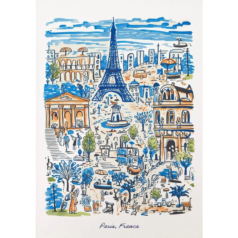 Paris Urban Art Poster | Eiffel Tower and Streetscape | Vibrant City Life Illustration | Suitable for Any Room