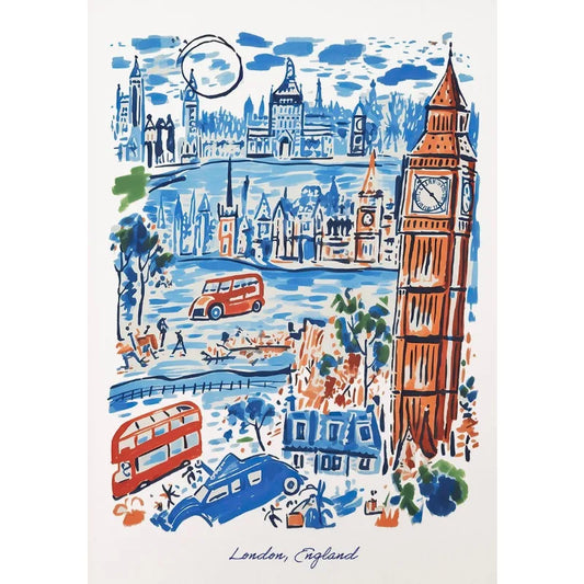 London, England Poster | Iconic City Landmarks Artwork | Blue and Red Urban Scene | Perfect Gift for Travelers