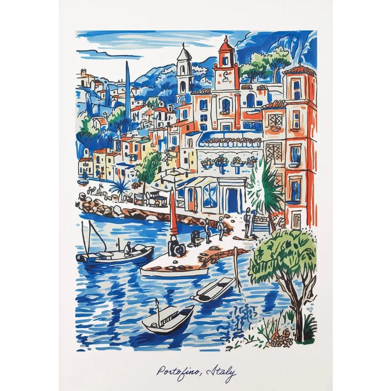 Portofino Waterfront Print | Italian Riviera Scene | Stylish Nautical Decor | Ideal for Living Room or Office