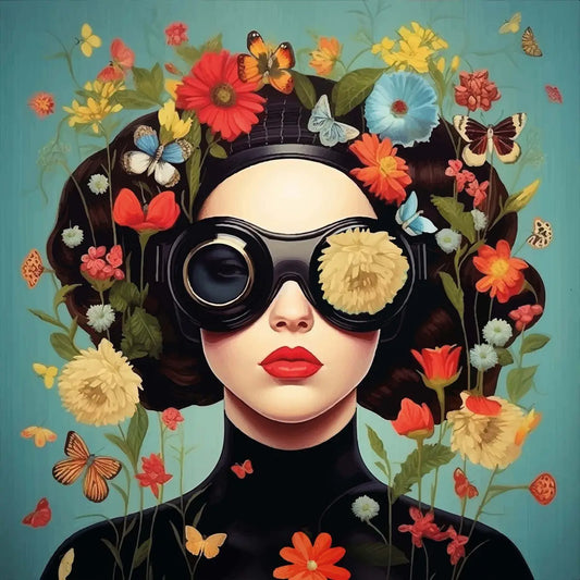 Floral Girl | Garden Goggles Panorama - Reflects the surrealistic vision through goggles that integrate a lush and vibrant floral scene, suggesting a deep immersion in natural beauty.