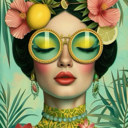 Floral Girl | Retro Floral Optics - A fusion of retro and nature, featuring a woman with striking floral-patterned sunglasses amid a sea of flowers.