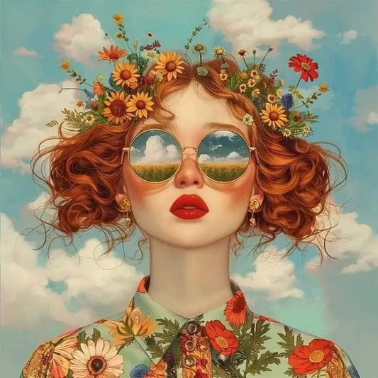 Floral Girl | Sunset Meadow Vision - Portrays a woman crowned with a vivid array of flowers, reflecting a meadow at sunset through her sunglasses.