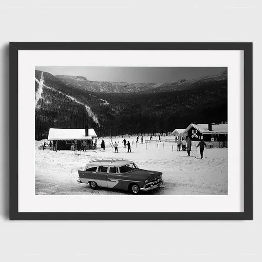 Classic Car at a Snowy Ski Resort | Vintage Vibes: Explore Timeless Ski Sceneries | Old-School Ski Resort Posters