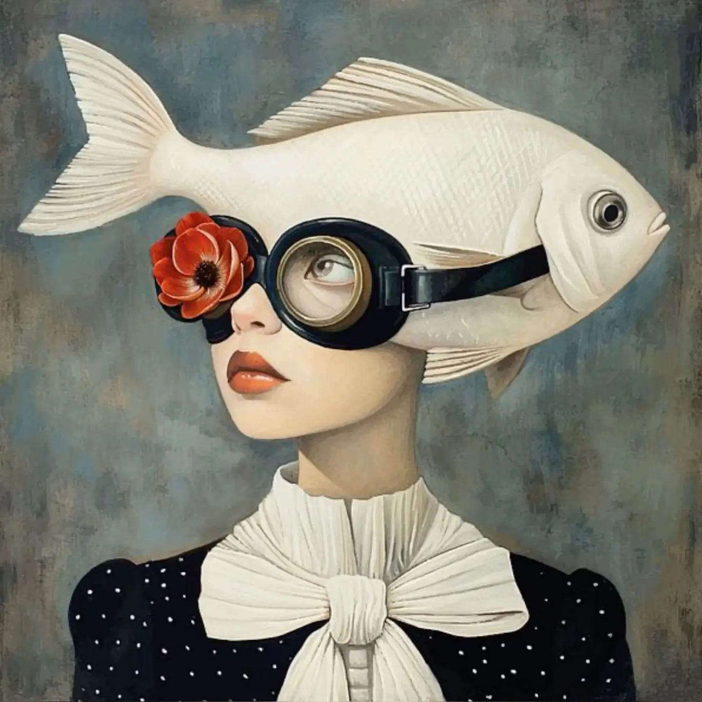 Floral Girl | Celestial Aquaview - A surreal depiction of a woman with a fish obscuring her head, paired with a vintage diving mask and a vibrant flower.