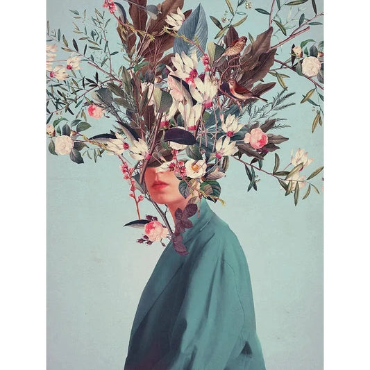 Vintage Flower Heads | Blossoms of the Mind | Floral Woman | Serenity in Bloom: Avian Whispers Amidst Petals