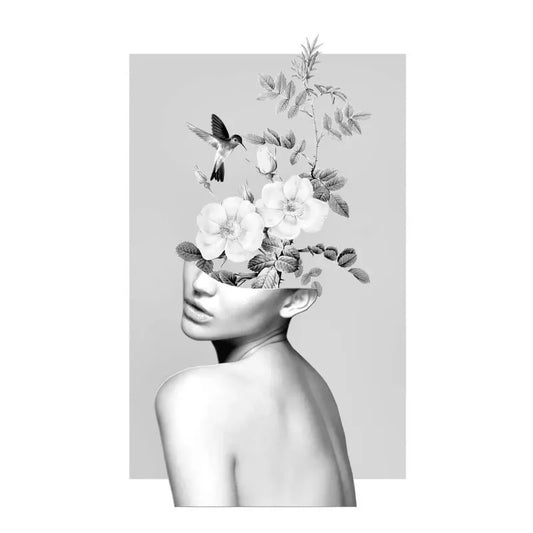 Vintage Flower Heads | Blossoms of the Mind | Floral Woman | Monochromatic Flight: Harmony in Birds and Blooms