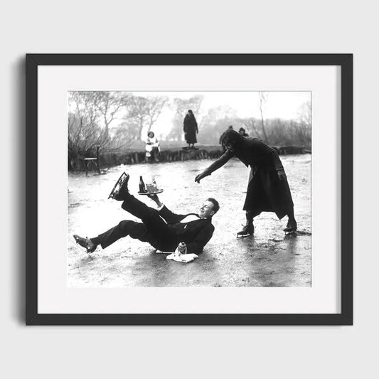 Man Falling While Ice Skating, Woman Laughing | Slippery Fun: Ice Skating Mishaps | Vintage Winter Sports Art