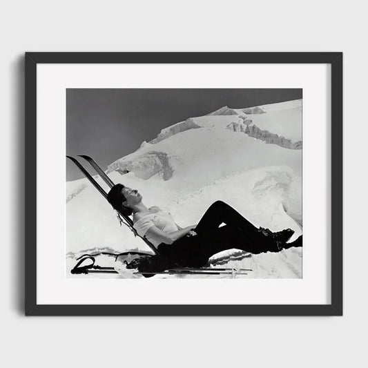 Man Relaxing on Snowy Mountain with Skis | Peaceful Mountain Escape: Relaxing After Ski | Classic Ski Vacation Posters