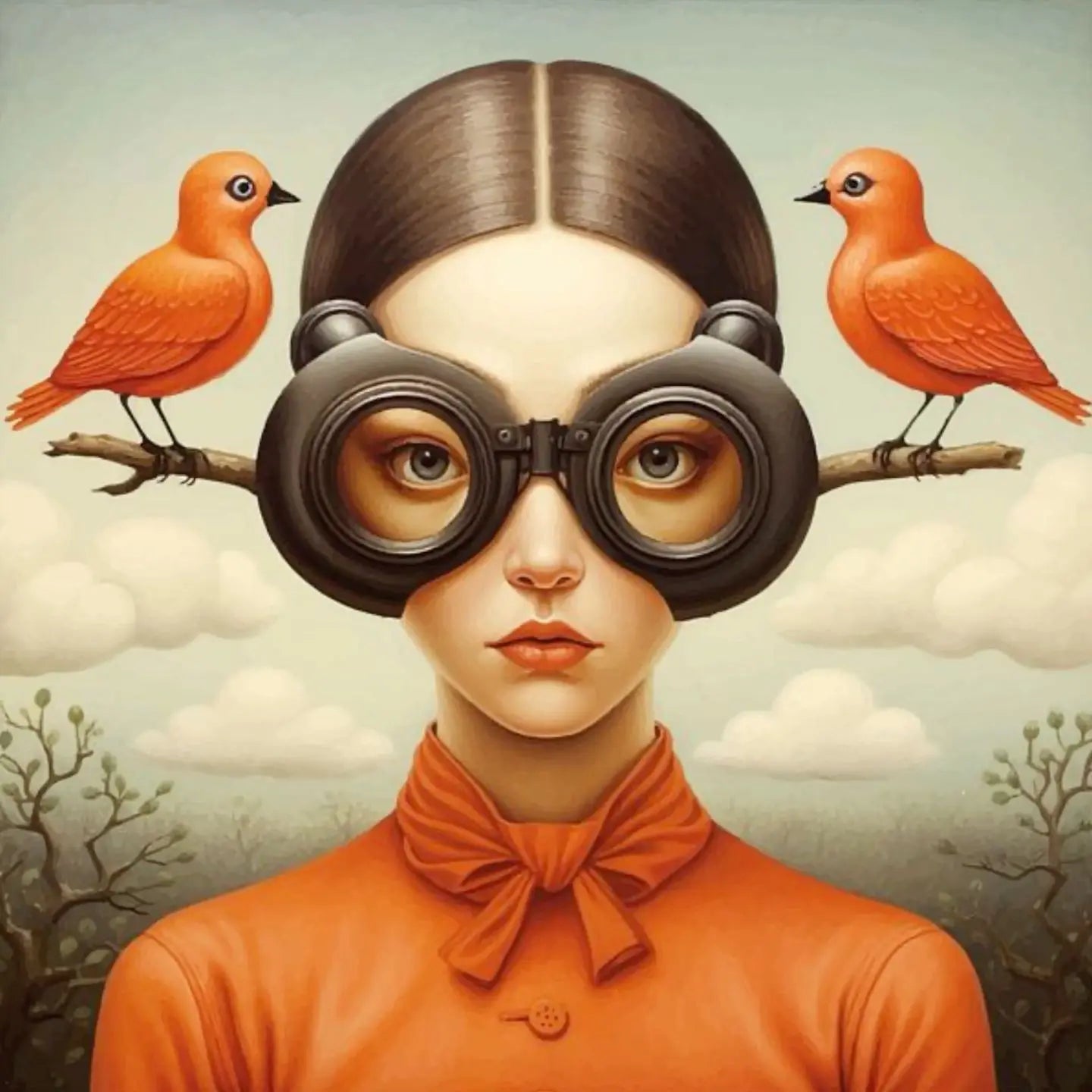 Floral Girl | Birdwatcher's Solitude - A soft, earthy portrayal focusing on a woman in bird-themed goggles, suggesting quiet contemplation and a deep bond with avian life.