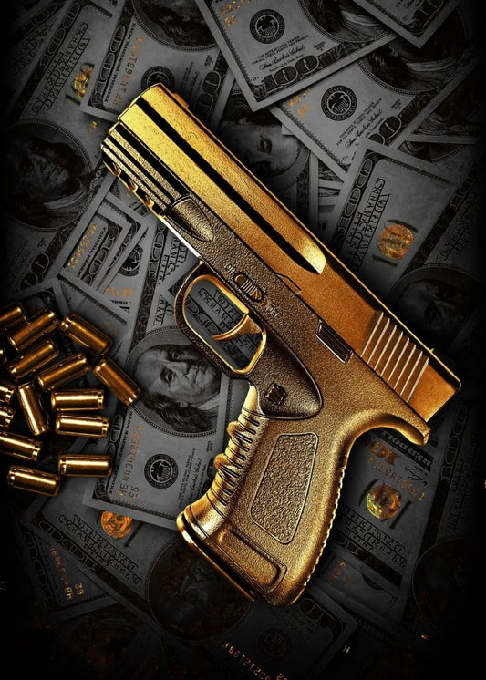 Golden Gun Poster – Luxury Money and Weapon Art Print | Home Decor | Decoration Poster