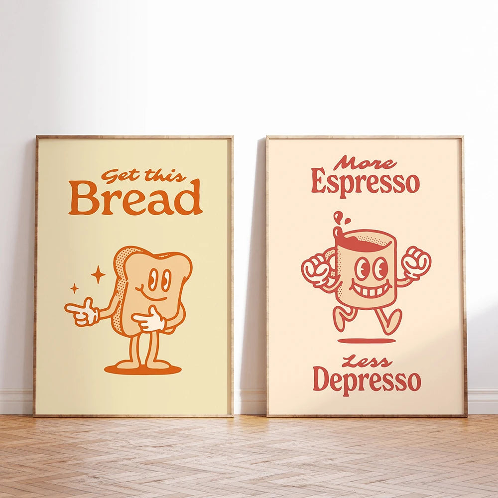 More Espresso Less Depresso Poster | Retro Cartoon Character Art | Record Player Theme | Canvas Wall Decor