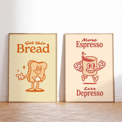 More Espresso Less Depresso Poster | Retro Cartoon Character Art | Record Player Theme | Canvas Wall Decor