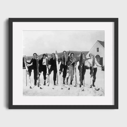 Group Skiing Portrait in Vintage Gear | Cherish the Slopes: Classic Ski Holiday Memories | Timeless Ski Posters Collection