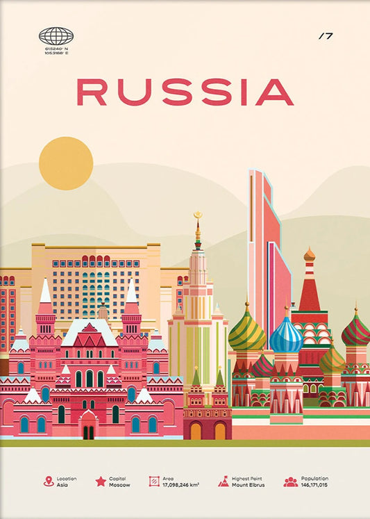 Russia Travel Poster | Moscow Skyline and Landmarks | Red Square and Kremlin Illustration | Unique Wall Art