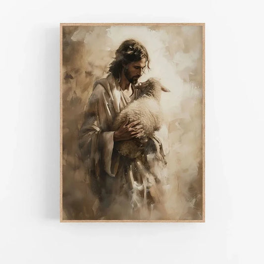 The Good Shepherd and His Sheep | John 10:14 | A serene portrayal of Jesus holding a lamb, representing His intimate knowledge and care for His followers. | Christian | Catholic | Orthodox | Jesus Christ