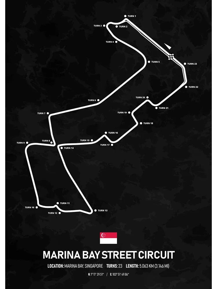 Marina Bay Street Circuit Formel 1 Poster | Singapur | Marina Bay | Spektakuläre Grand-Prix-Strecke von Singapur | F1-Rennplakate bei Nacht